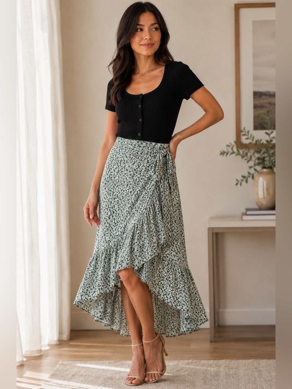 Lulu's Green Floral High-Low Wrap Ruffle Skirt